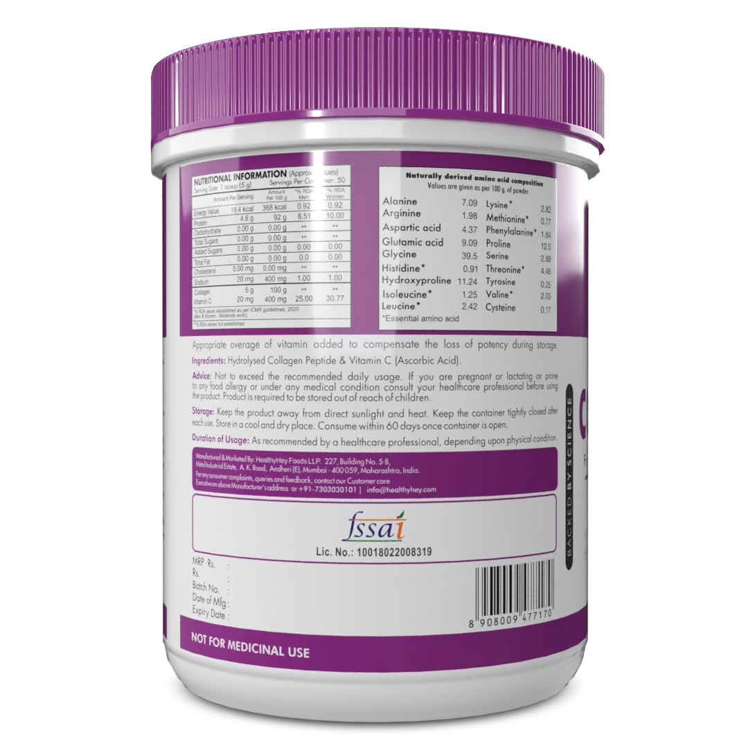 Zephivo HealthyHey Nutrition Collagen Powder | Collagen Supplement for Glowing Skin | Pure Hydrolysed Collagen Powder for Women and Men | Unflavoured - 250 gm
