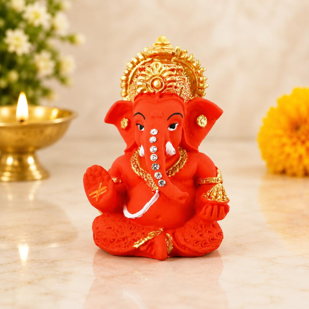 Polyresin Orange Ganesha Statue for Car Dashboard God Ganesh Murti Ganpati Idol Figurine with Double Side Tape