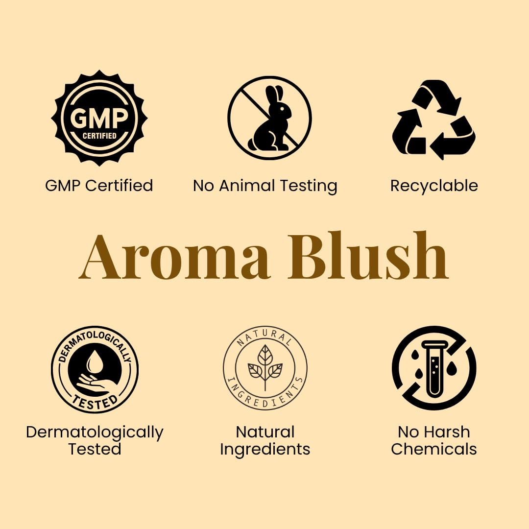 Certification logos for Aroma Blush on a beige background