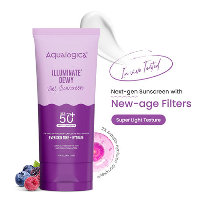 Aqualogica Illuminate+ Dewy Gel Sunscreen SPF 50+ PA++++, 80g | 2% Arbutin-Hyaluron Complex & Wild Berries | Broad Spectrum UVA/UVB & Blue Light Protection | Fragrance-Free | No White Cast | Lightweight | For Men & Women