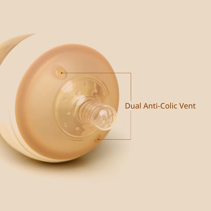 Bottle cap with dual anti-colic vent on a beige background