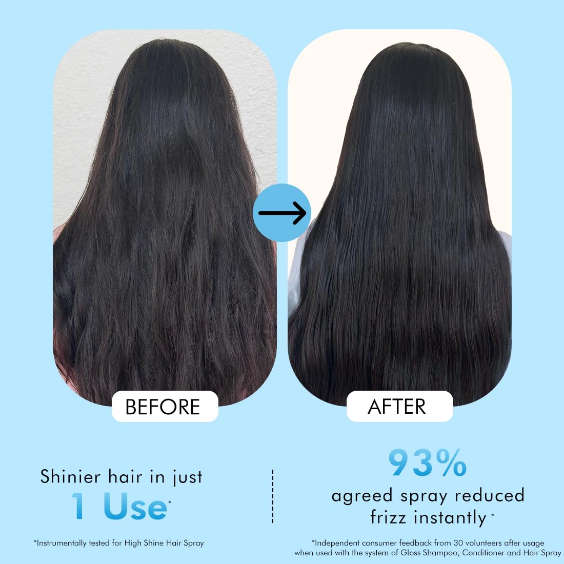 Before and after comparison of hair with a hair spray product, showing reduced frizz.