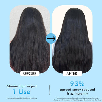 Before and after comparison of hair with a hair spray product, showing reduced frizz.