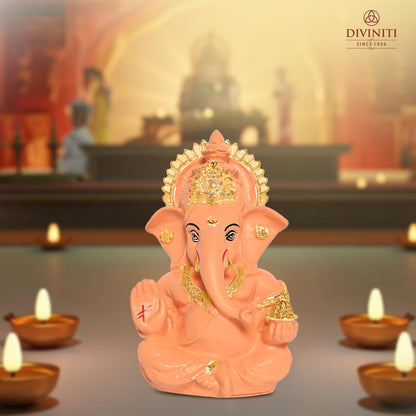 24K Gold Plated Resin Lord Ganesha Idol for Car Dashboard, Tabletop|Ganesh Statue for Good Luck and Success|Ganpati Murti for Home Decor Mandir, Office Desk Puja Gift Light Orange (8.4x4.2cm)