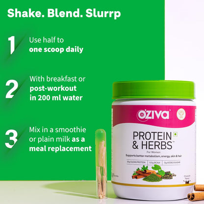 OZiva Protein & Herbs for Women, Chocolate, 16 Servings, 0g added Sugar