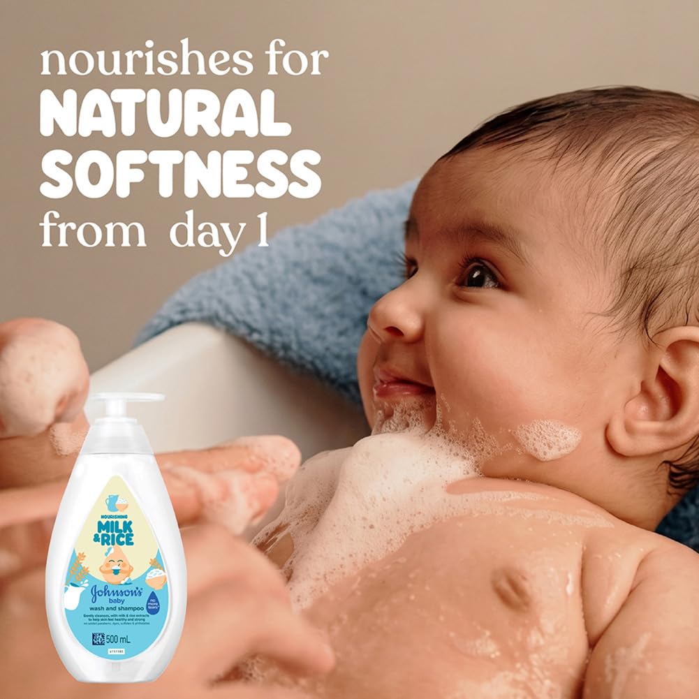Johnson's Baby Nourishing Milk & Rice Wash & Shampoo 500ml | 2-in-1 Baby Cleanser | No More Tears | Milk Protein & Rice Extracts | Hypoallergenic | pH Balanced | Paraben, Dye, Sulphate & Phthalate Free | For Newborns & Sensitive Skin