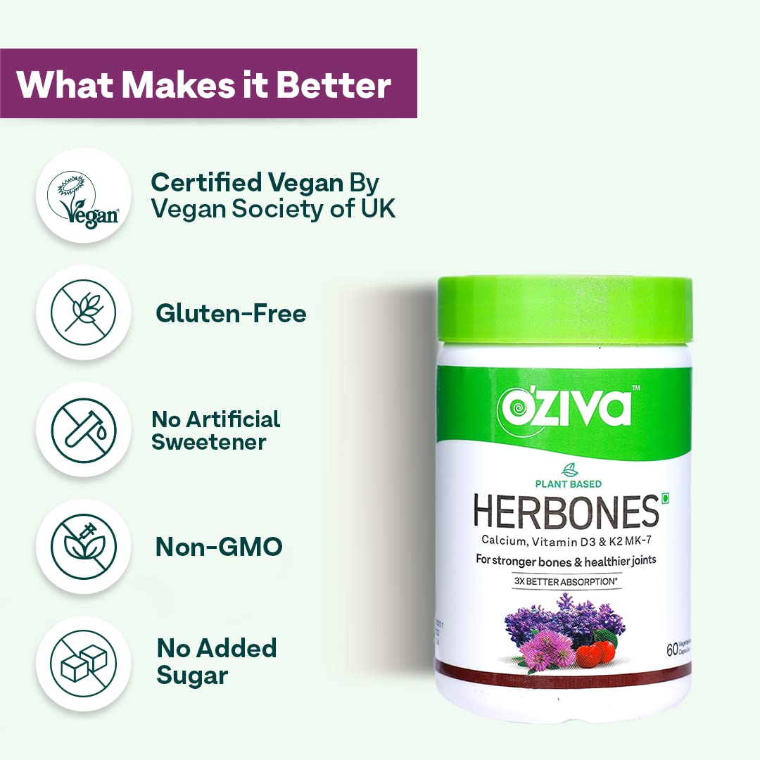 OZiva Plant Based HerBones|Healthy Bones Supplement for Better Bone Health & Bone Strength & Density|With Acerola Cherry & Ashoka for Healthy Bones for Women,Certified Vegan,60 capsules,70 grams