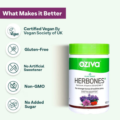 OZiva Plant Based HerBones|Healthy Bones Supplement for Better Bone Health & Bone Strength & Density|With Acerola Cherry & Ashoka for Healthy Bones for Women,Certified Vegan,60 capsules,70 grams