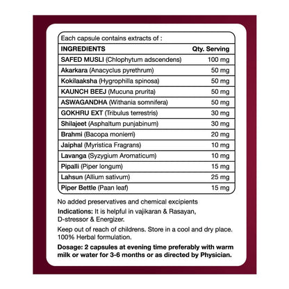 Max Ayurveda Musli Premium Capsules For Men | Strength, Power, & Vitality Booster | 100% Vegan and GMP Certified - 30 Capsules, Pack of 1