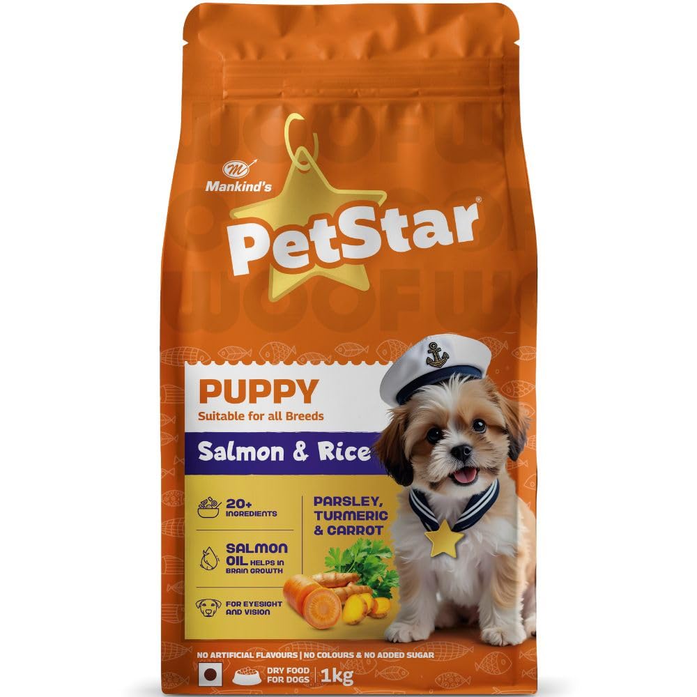 Mankind Petstar Puppy Dry Dog Food (High Protein) Salmon & Rice Flavor, 1kg Pack | Improves Muscle & Strength, Supports Immunity, Protects Liver & Kidney