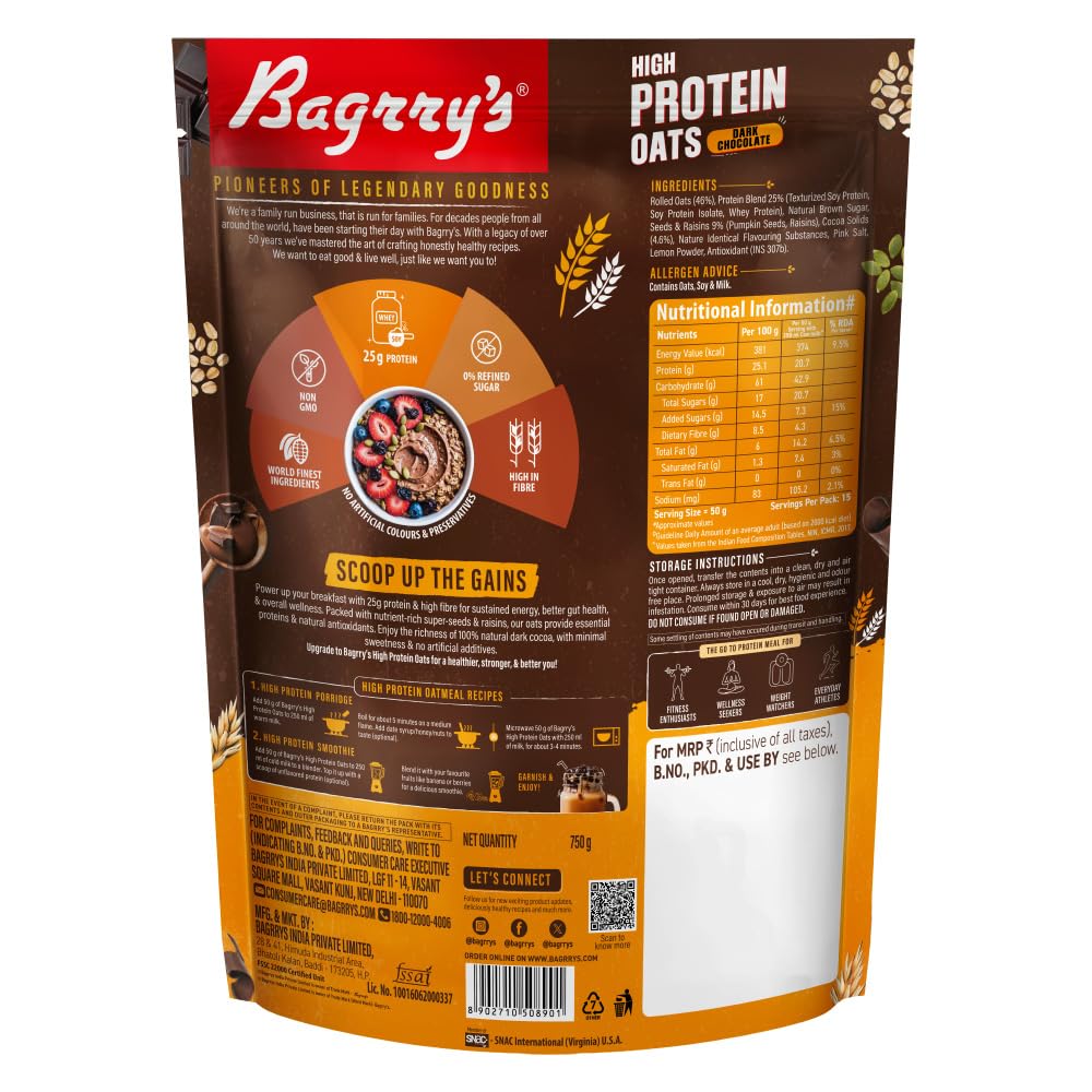 Bagrry’s 25g Protein Oats 750g | Dark Chocolate, Raisins & Pumpkin Seeds | Whey Protein & Plant Protein Blend | High Fibre Breakfast | Rolled Oats | No Refined Sugar | No Added Preservatives