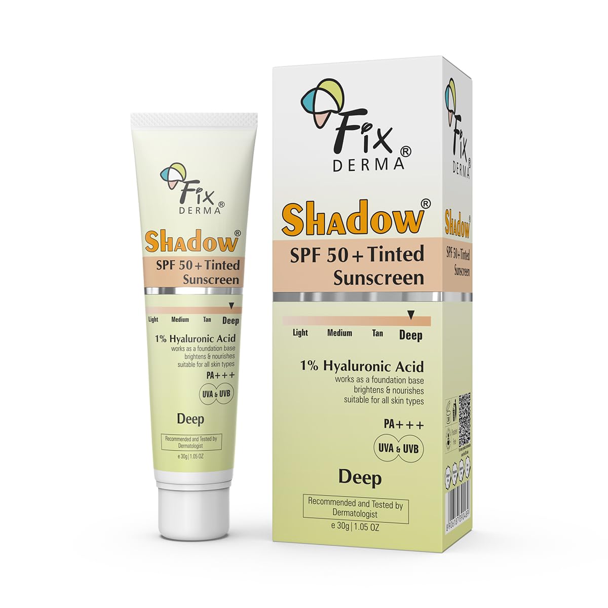 Fixderma Shadow Tinted Sunscreen Deep SPF 50 PA+++ | 1% Hyaluronic Acid & Vitamin E | Brightens & Nourishes the Skin | UVA & UVB Protection | Lightweight | No White Cast | For All Skin Types - 30gm