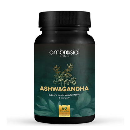 Black bottle of Ambrosial Herbals Ashwagandha supplement on a white background