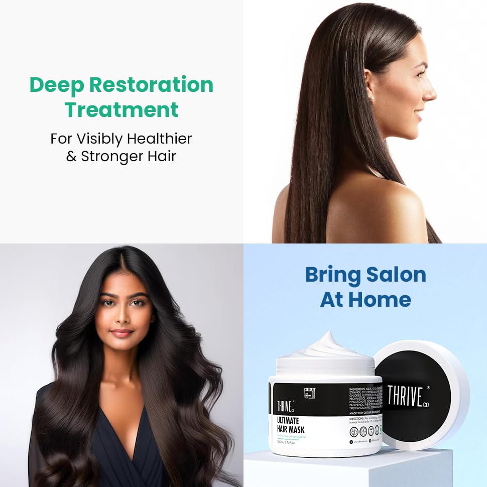 Advertisement for a hair mask treatment with a woman with long hair and product packaging.
