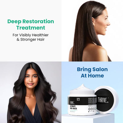 Advertisement for a hair mask treatment with a woman with long hair and product packaging.