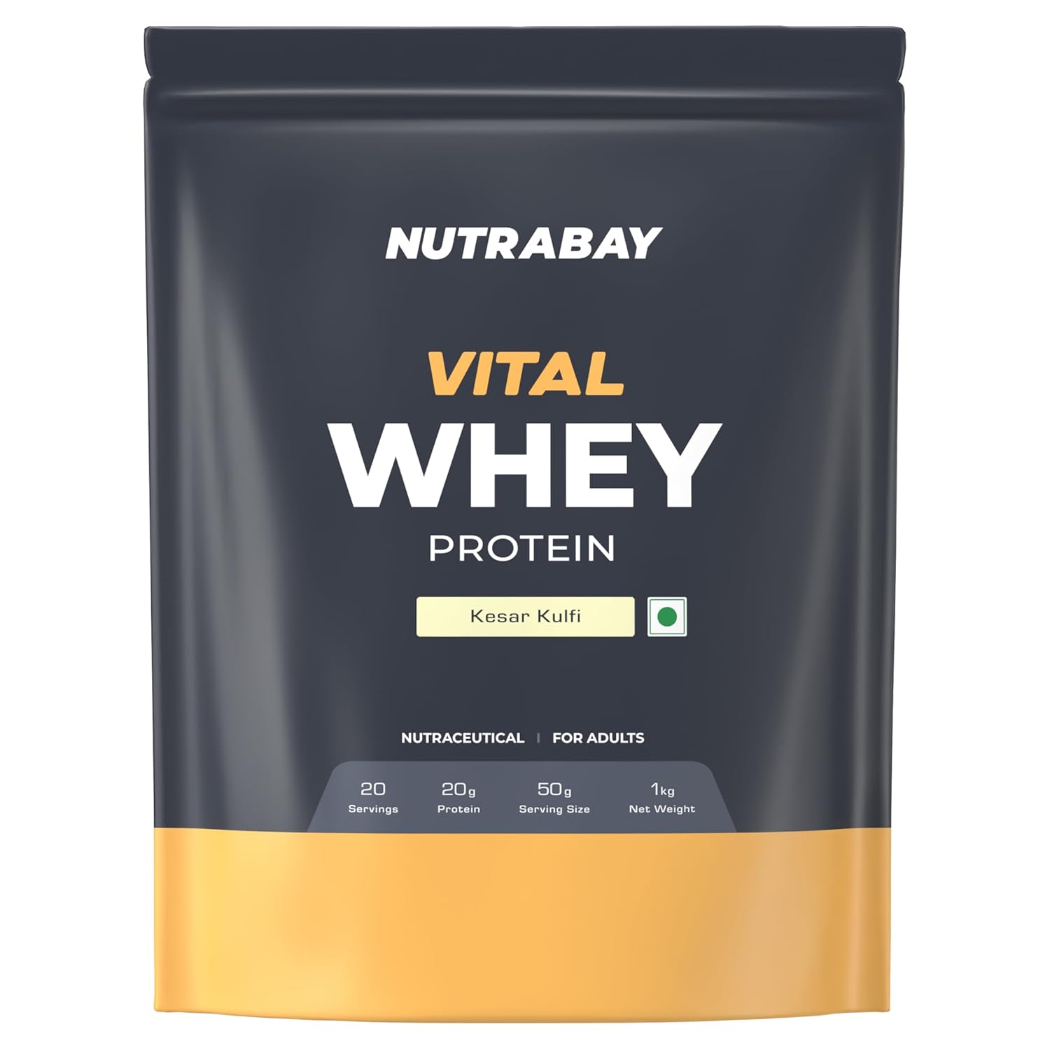 Nutrabay Vital Whey Protein package with Kesar Kuli flavor on a white background