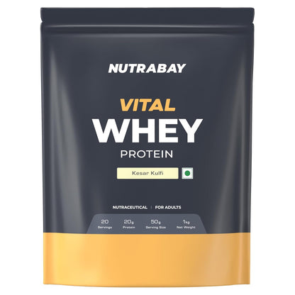 Nutrabay Vital Whey Protein package with Kesar Kuli flavor on a white background
