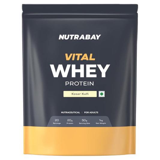 Nutrabay Vital Whey Protein package with Kesar Kuli flavor on a white background