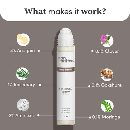 Man Matters BeardGro Serum Roll On 25ml | 4% Anagain, 2% Aminexil & 1% Rosemary | For Stronger, Fuller & Thicker Beard | Solves Uneven & Patchy Beard | Lightweight, Fast Absorption