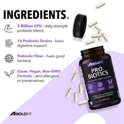 Boldfit Probiotics 5 Billion CFU with 16 Strains and Prebiotics for Gut Cleanse Detox Digestive Health Bloating Relief Constipation Probiotic Supplement for Men and Women Supports Immunity Booster - 60 Veg Capsules