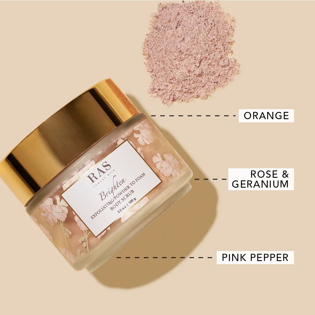 RAS Luxury Oils Brighten Exfoliating Powder to Foam Body Scrub | Tan Removing & Gentle Exfoliation | Orange, Himalayan Rose & Pink Pepper | For Men & Women | Vegan, Toxin & Cruelty Free | 100g