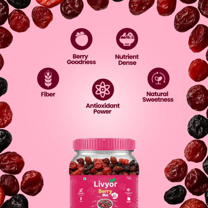 Livyor 5 in 1 Berry Mix for eating - 400 gm | Good Source of Fibre | Dried Cranberries | Black Raisins | Cherries | Blueberries | Strawberries | Berry Blast | Berries dry fruits | Berries fresh | (Pack of 1)