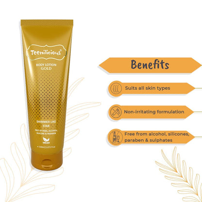 Teenilicious Gold Sparkle Body Lotion for Women & Men | Skin Moisturizer & Shimmer Lotion | Vegan | Free from Alcohol, Silicones, Paraben & Sulphates | Suitable for All Skin - 150ml