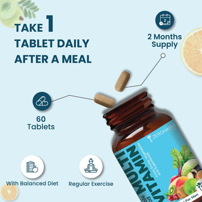 ZEROHARM Multivitamin Tablets for Men | Whole Food Multivitamin with Essential Vitamins A, B, C, D, E & Iron, Zinc, Magnesium | Daily Supplements for Immunity & Energy Support | 60 Veg Tablets