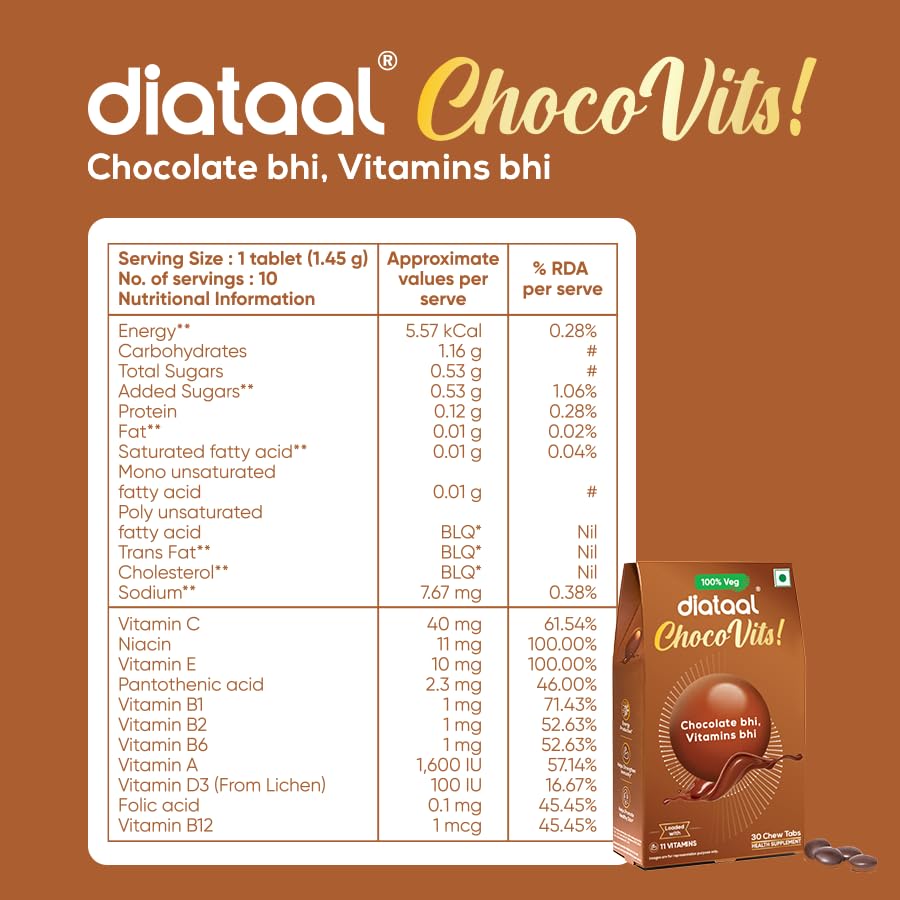 Diataal ChocoVits Veg, Chewable Multivitamin | 30 Chocolaty Tabs with 11 Essential Vitamins | Power of B-complex vitamins, B12, D3, Nicotinamide, Vitamin A, C & E for Energy | Immunity | Healthy Skin.