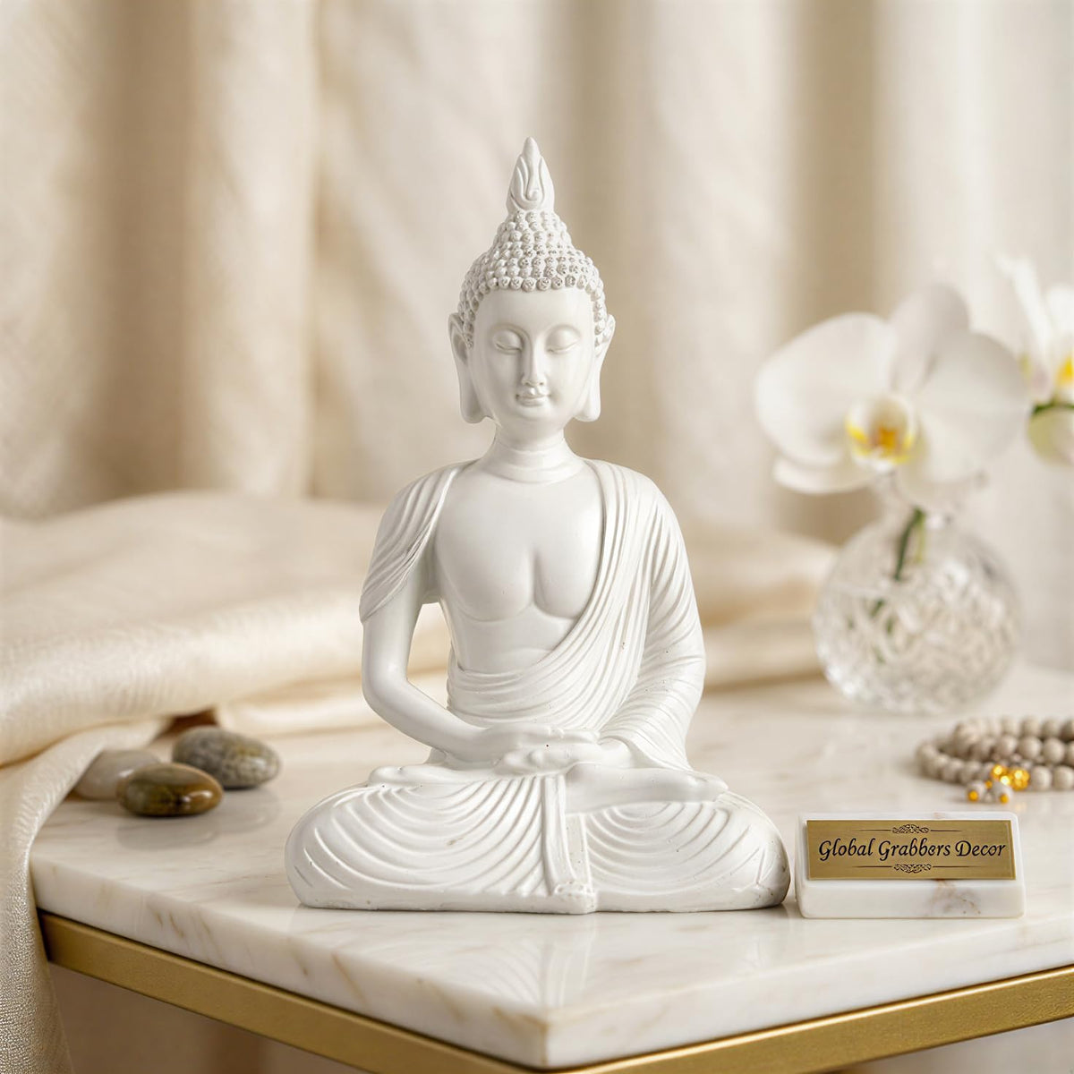 New Sitting Meditating Buddha Statue showpiece Idol Home Decor Items for Living Room and Gifts (White)