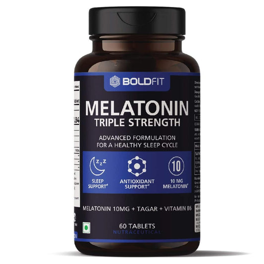 Boldfit Melatonin 10mg Sleeping Pills with Tagar 250mg and Vitamin B6 Non-Habit Forming Sleep Supplement for Men & Women Melatonin Tablets for Relaxation Sleep Routine & Night-Time Support- 60 Vegetarian Tablets