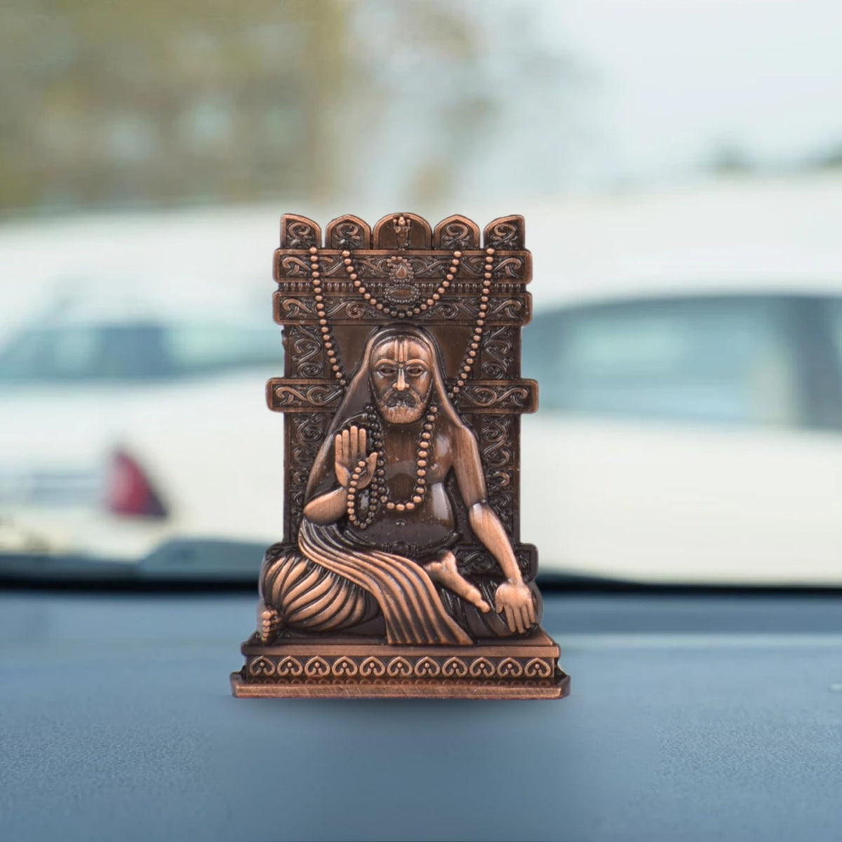 Shri Raghavendra Swami Idol for Car Dashboard | Sri Raghavendra Swamy Murti | Spiritual Blessings & Protection | Golden, Silver Black, Copper, Brass Finishes | Anti-Slip Base(S979-CPR)