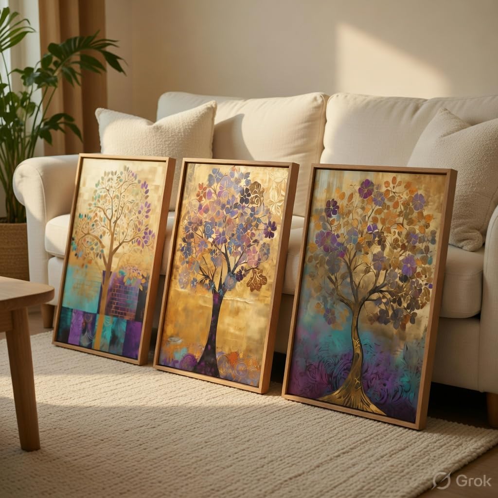 Abstract Tree Wall Painting Set of 3 with Wooden Frames | Modern Golden Tree Artwork HD Sparkle Laminated MDF Wall Decor | Elegant Nature Tree Wall Art for Living Room Bedroom