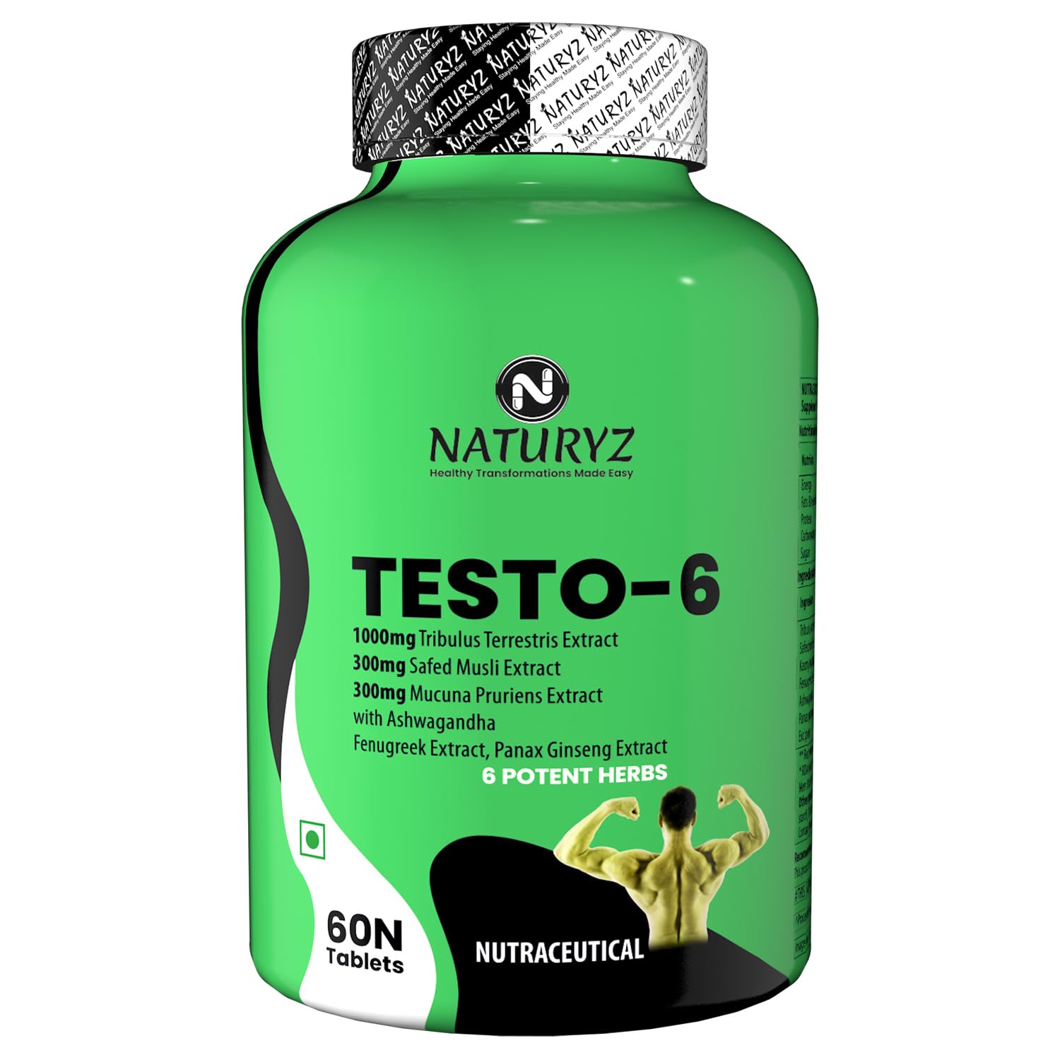 Green supplement bottle labeled 'Naturyz Testo-6' on a white background