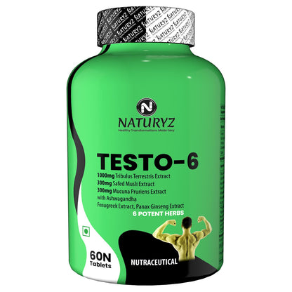 Green supplement bottle labeled 'Naturyz Testo-6' on a white background