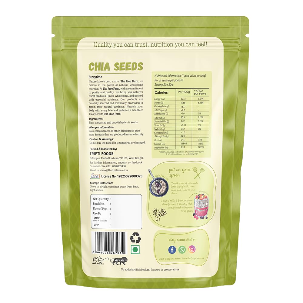 The Free Farm Premium Raw Chia Seeds | 200 G | Protein Rich | Source of Calcium | Superfood for Weight | Omega-3 Fatty Acids