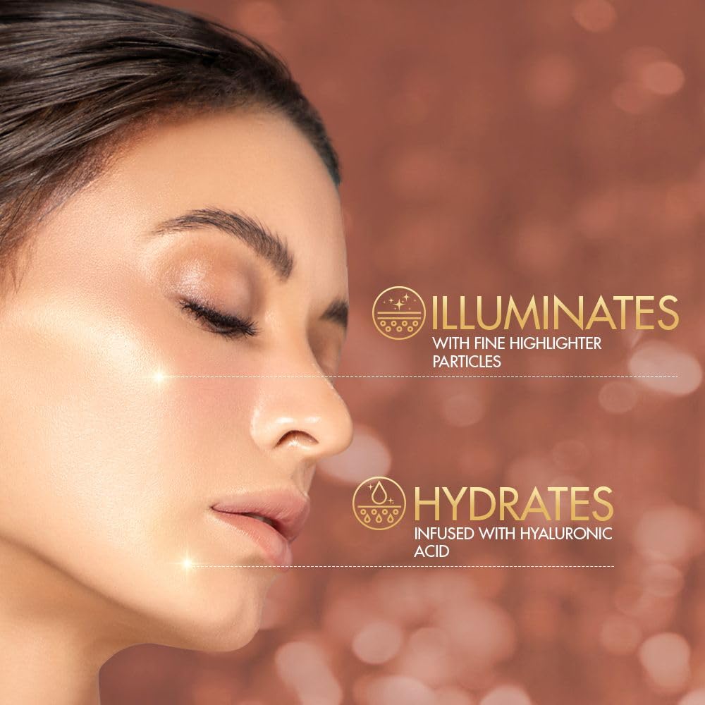 Woman's face with skincare product text overlay on a blurred background
