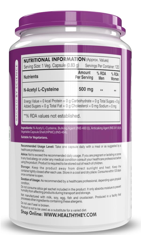 Zephivo Healthyhey Nutrition N-Acetyl L-Cysteine (NAC) - Non-GMO - Gluten Free -Pack of 120 Veg. Capsules
