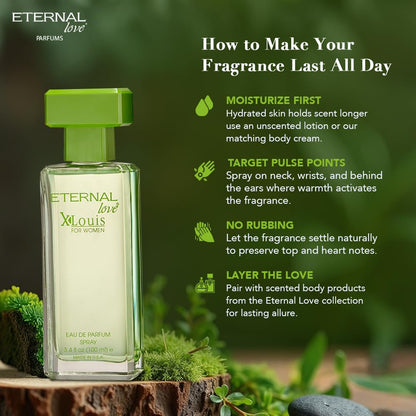 Green perfume bottle with 'Eternal Love' branding on a natural background
