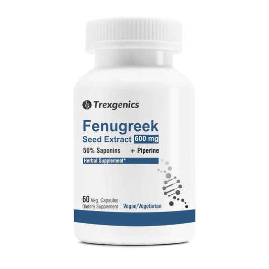 Supplement bottle labeled 'Fenugreek Seed Extract 600 mg' by Trexgenics on a white background