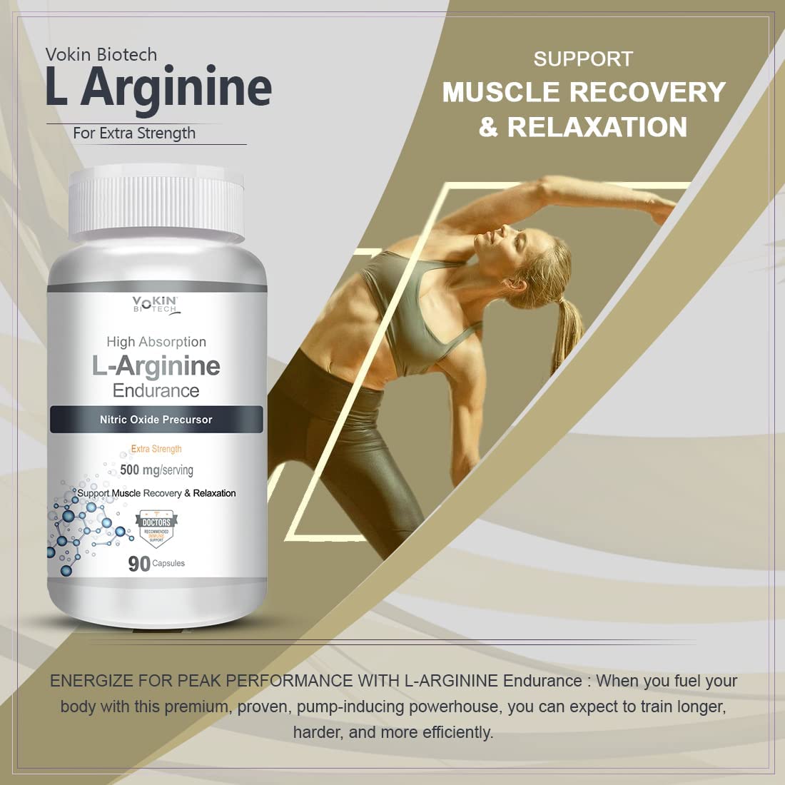 Vakin Biotech L Arginine supplement bottle with a woman exercising on a beige and gray background