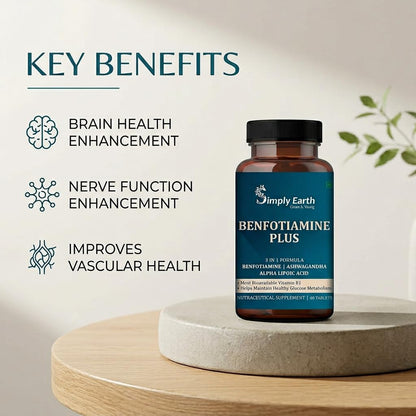 Simply Earth Benfotiamine+ 600mg with Ashwagandha & Alpha Lipoic Acid - Helps Maintain Blood Sugar Levels Supplement - Promotes Nerve Health & Metabolic Function - High Potency B1 Vitamin Supplement - 60 Tablets