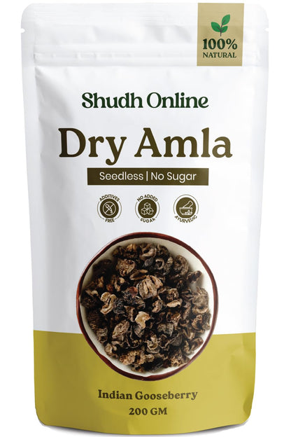 Shudh Online Dry Amla for Eating, Dried Amla Candy without Sugar for Hair (200 grams) (Saboot, No salt) Gooseberry Fruit Pieces, Pachan Amala, Pachak Awala, Sukha Awla, Amloki