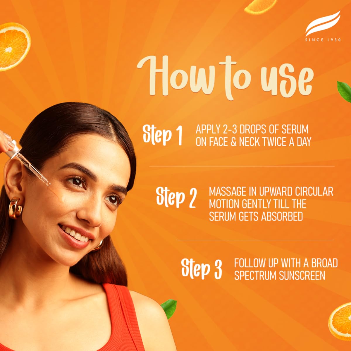 Woman applying serum with text on how to use it on an orange background