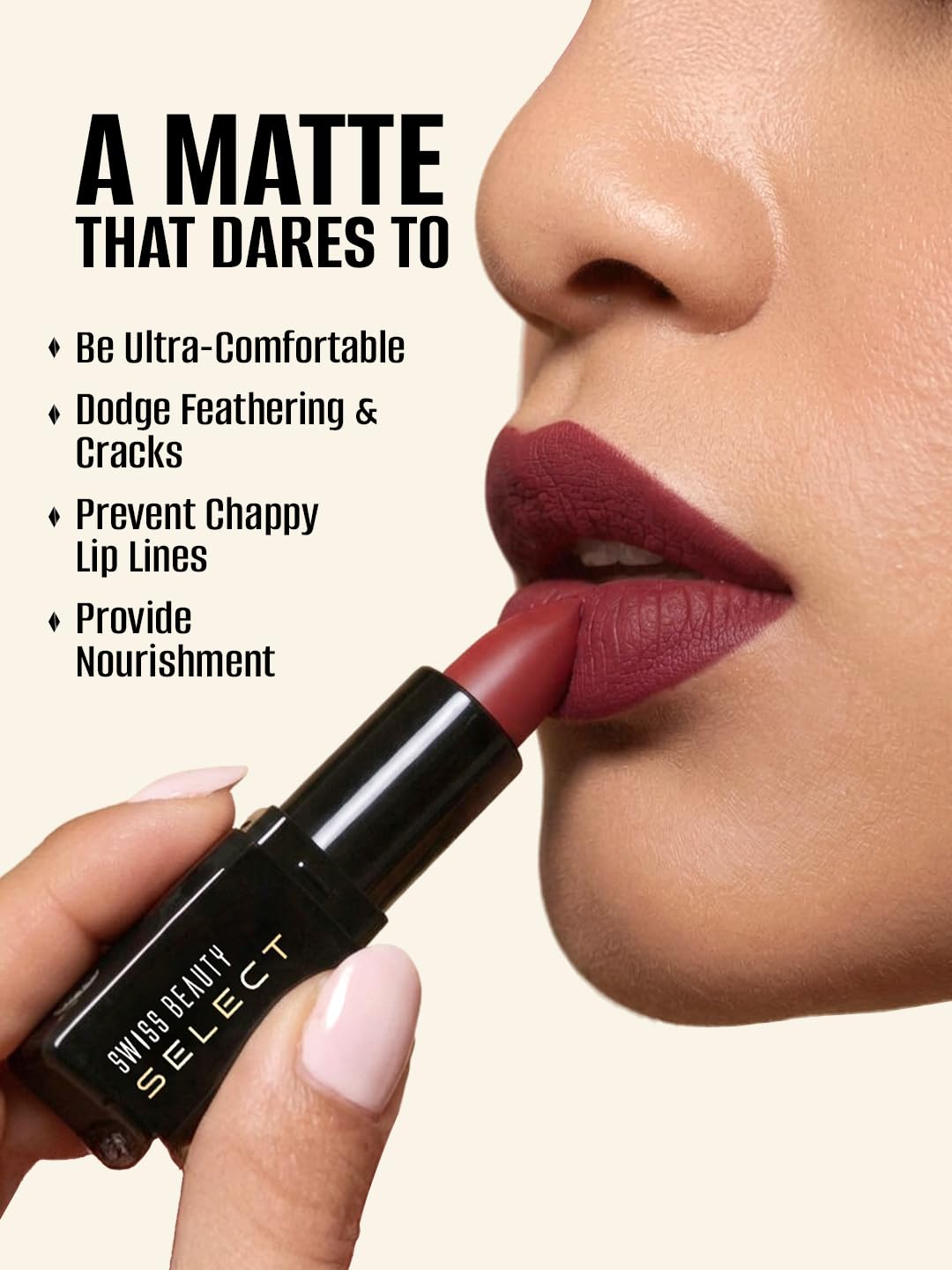 Swiss Beauty Select Dare To Matte Creamy Lipstick | with Velvety matte finish | Long Lasting Stay | with Vitamin E | Shade- Vivid Maroon, 3.8g |