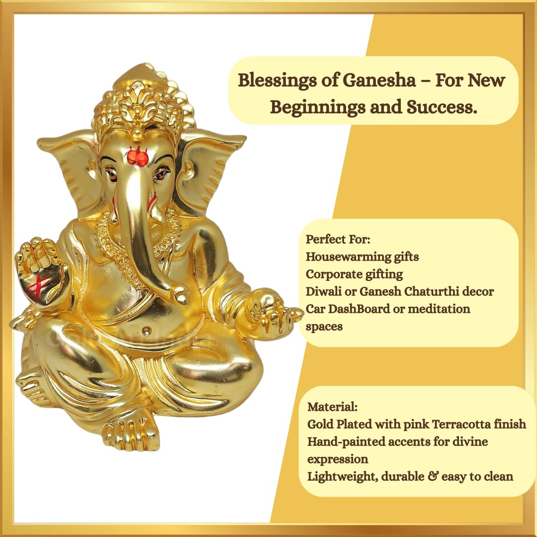 Gold Art India Matte Gold Plated Gaddi Ganesha for Car Dashboard Home Decor Gifting Diwali Birthday Festivals (Matte Gold)