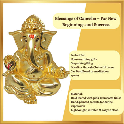 Gold Art India Matte Gold Plated Gaddi Ganesha for Car Dashboard Home Decor Gifting Diwali Birthday Festivals (Matte Gold)