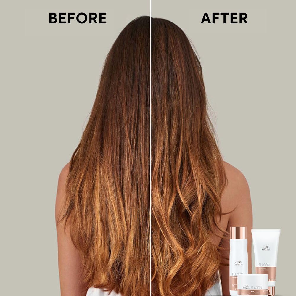 Before and after comparison of hair with hair care products displayed.