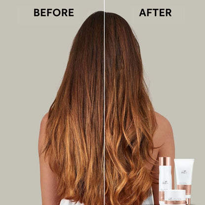 Before and after comparison of hair with hair care products displayed.