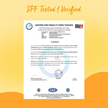 Certification document for SPF-tested and verified product on a yellow background